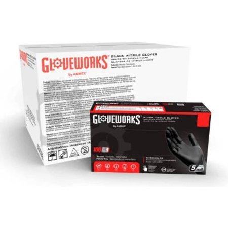 AMMEX GloveWorks, Nitrile Disposable Gloves, 5 mil Palm , Nitrile, Powder-Free, L, 100 PK, Black GPNB46100